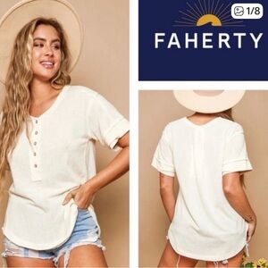 Faherty Alllandria Cream Short-Sleeve Button Down Henley Top Size Large NWOT $98